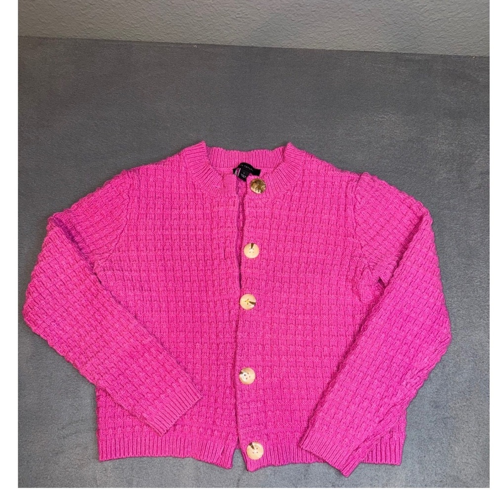 Ann Taylor Hot Pink waffle Knit Cardigan  button front  Grandmacore Cottage L